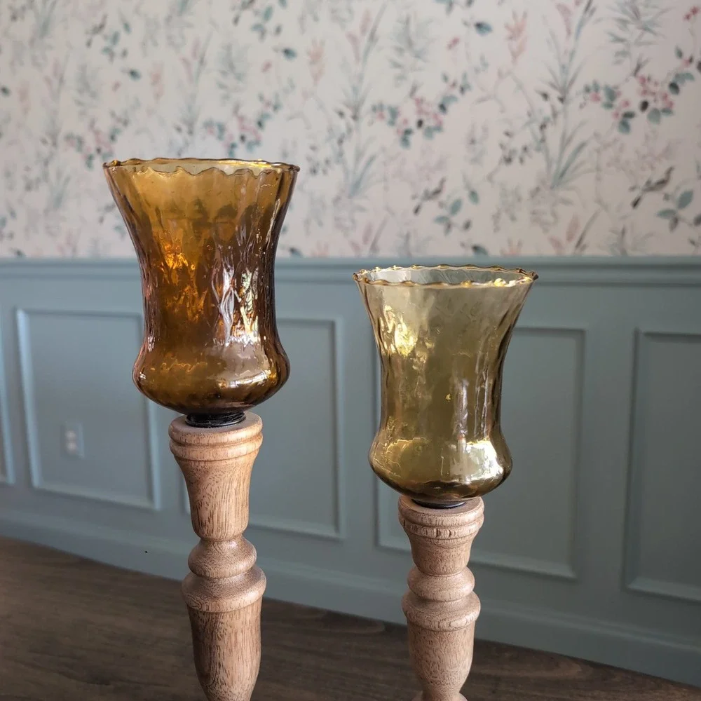 Vintage Honey Glass Votive Peg Candle Holder Gold Textured Tulip‎ Ruffled Rim
